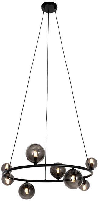 QAZQA Hanglamp zwart met smoke glas rond 8-lichts Monaco