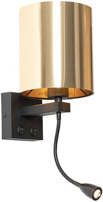 QAZQA Wandlamp zwart met flexarm en kap goud 15 cm Brescia