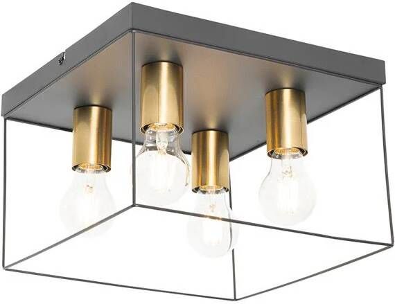 QAZQA Minimalistische plafondlamp zwart met goud 4-lichts vierkant