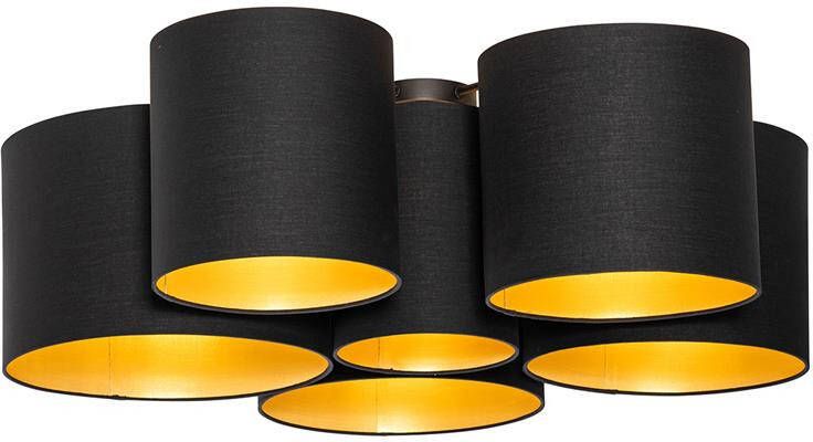 QAZQA Plafondlamp zwart met gouden binnenkant 6-lichts Multidrum