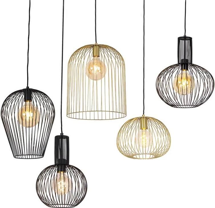 QAZQA Set van 5 design hanglampen zwart en goud Wires