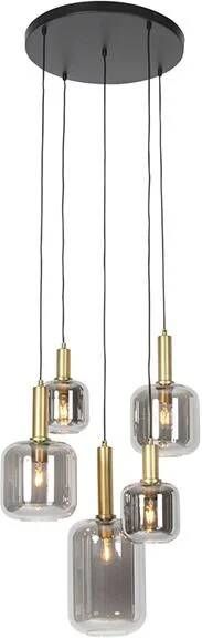 QAZQA Smart hanglamp zwart met goud met smoke glas incl. 5 Wifi A60