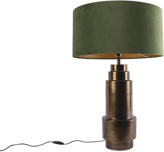 QAZQA Art deco tafellamp brons velours kap groen met goud 50 cm