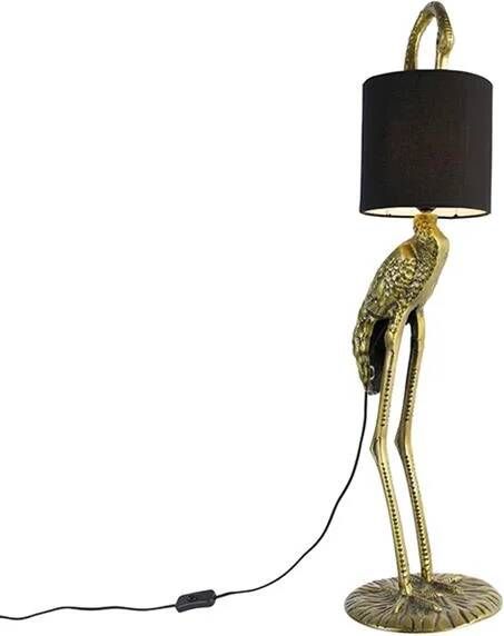 QAZQA Vintage vloerlamp messing stoffen kap zwart Animal Kraanvogel