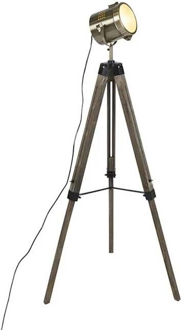 QAZQA Industriële vloerlamp tripod hout met studiospot Braha