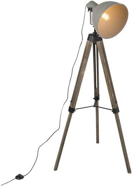 QAZQA Industriële vloerlamp op houten tripod met grijze kap Laos