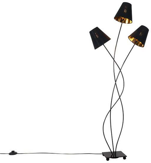QAZQA Design vloerlamp zwart met goud 3-lichts Melis