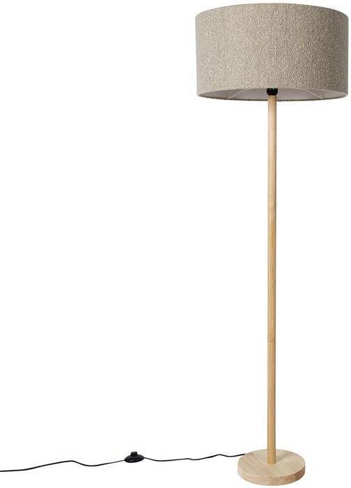 QAZQA Landelijke vloerlamp hout met boucle kap taupe Mels