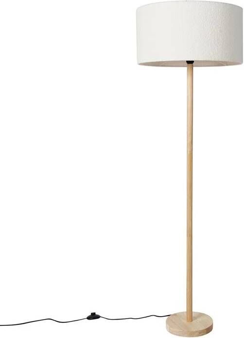 QAZQA Landelijke vloerlamp hout met boucle kap wit Mels