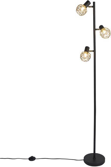 QAZQA Design vloerlamp zwart met goud 3-lichts verstelbaar Mesh