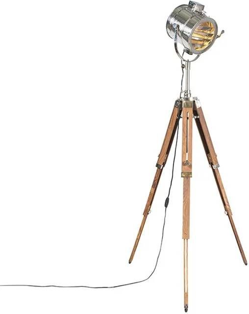 QAZQA Tripod vloerlamp staal met hout studiospot Radiant