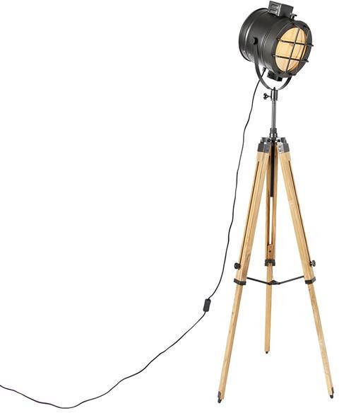 QAZQA Tripod studiospot vloerlamp zwart met hout Shiny