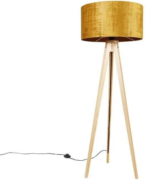 QAZQA Vloerlamp hout met stoffen kap goud 50 cm Tripod Classic
