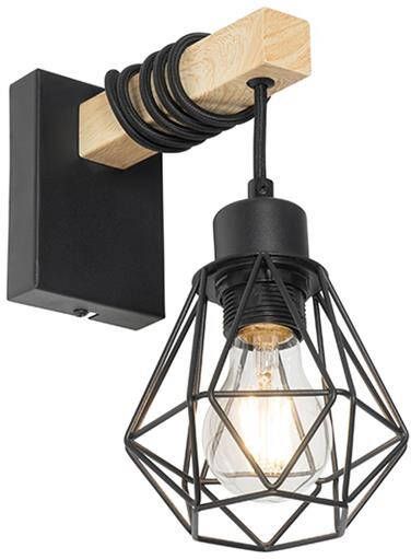 QAZQA Landelijke wandlamp zwart met hout Chon