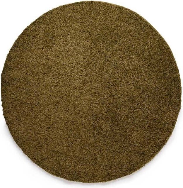 Tapeso Rond hoogpolig vloerkleed shaggy Trend effen olijfgroen 160