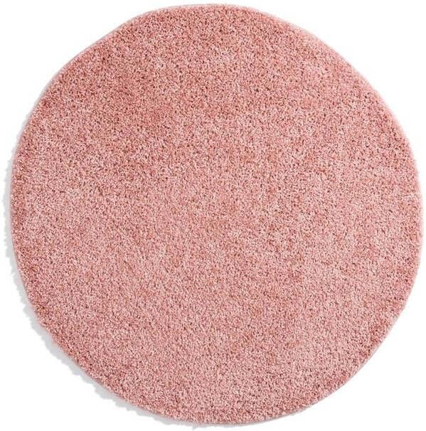 Tapeso Rond hoogpolig vloerkleed shaggy Trend effen roze 80 cm