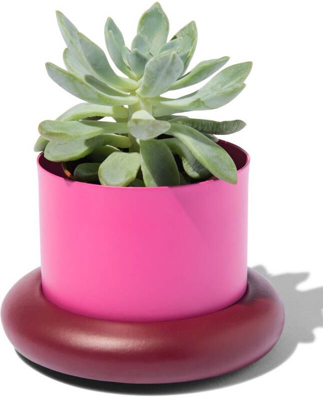 HEMA Bloempot Ø10x6.5cm Metaal Met Schotel Roze-bordeaux (felroze)