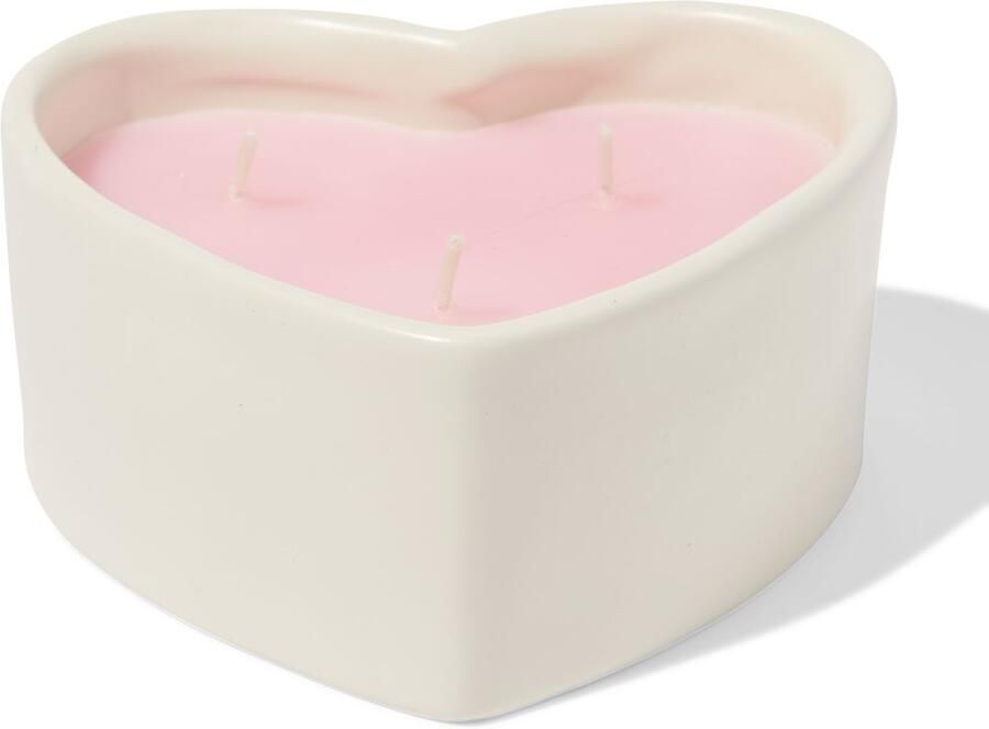 HEMA Kaars Drie Lonten 13x10cm Keramiek Hartvorm Roze