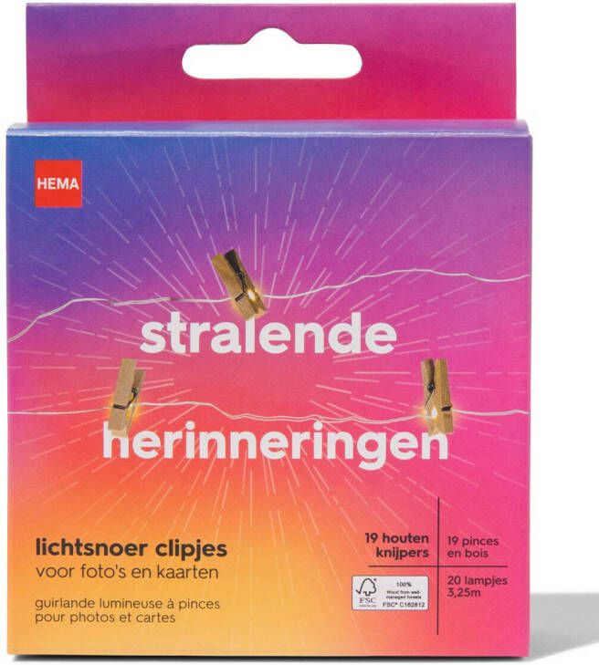 HEMA Lichtsnoer 3.25m Met 20 Lampjes En 19 Clipjes Hout