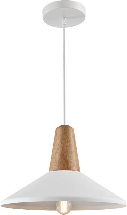 QUVIO Hanglamp Scandinavisch Hoedvorm met hout Diameter 35 cm Wit en bruin