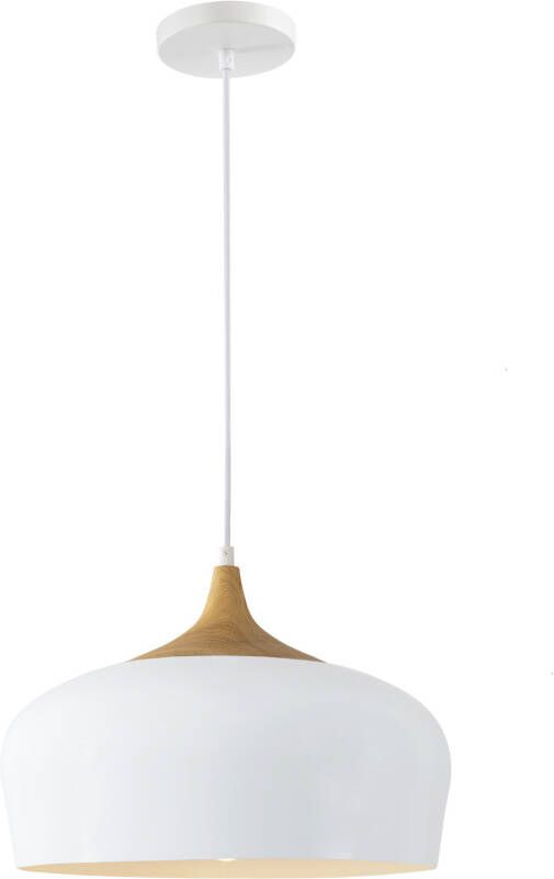 QUVIO Hanglamp Scandinavisch Rond metaal met een houtlook Diameter 33 cm Wit en bruin