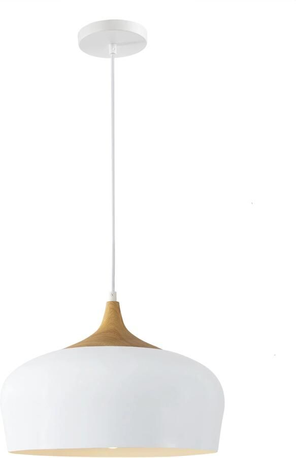 QUVIO Hanglamp Scandinavisch Rond metaal met een houtlook Diameter 33 cm Wit en bruin
