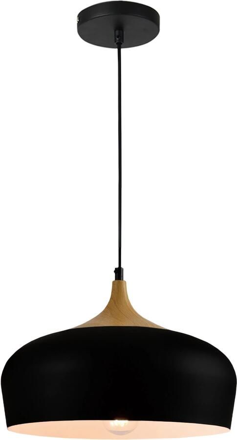 QUVIO Hanglamp Scandinavisch Rond metaal met houtlook Diameter 33 cm Zwart en bruin