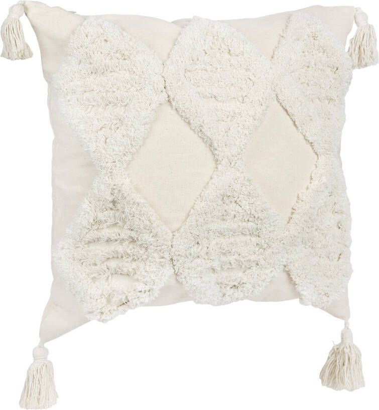QUVIO Sierkussen gevuld met ruit patroon en franjes 45 x 45 cm beige