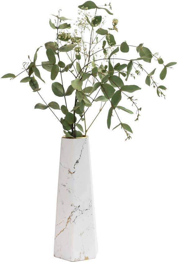 QUVIO Vaas Keramiek Wit met goud marble look 9 x 25 cm (dxh)