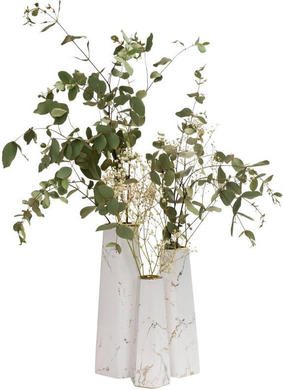 QUVIO Zeshoekige vaas keramiek Wit met goud marble look S + M + L