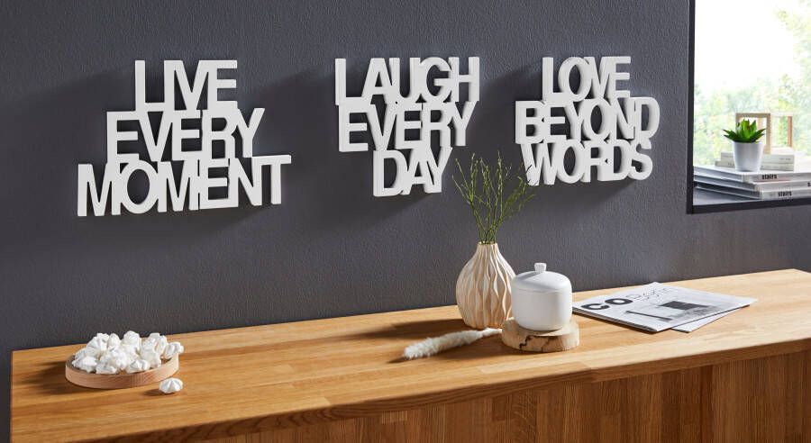 Andas Sierobject voor aan de wand Opschrift Live every Moment Love beyond Words Laugh every Day (3 stuks)