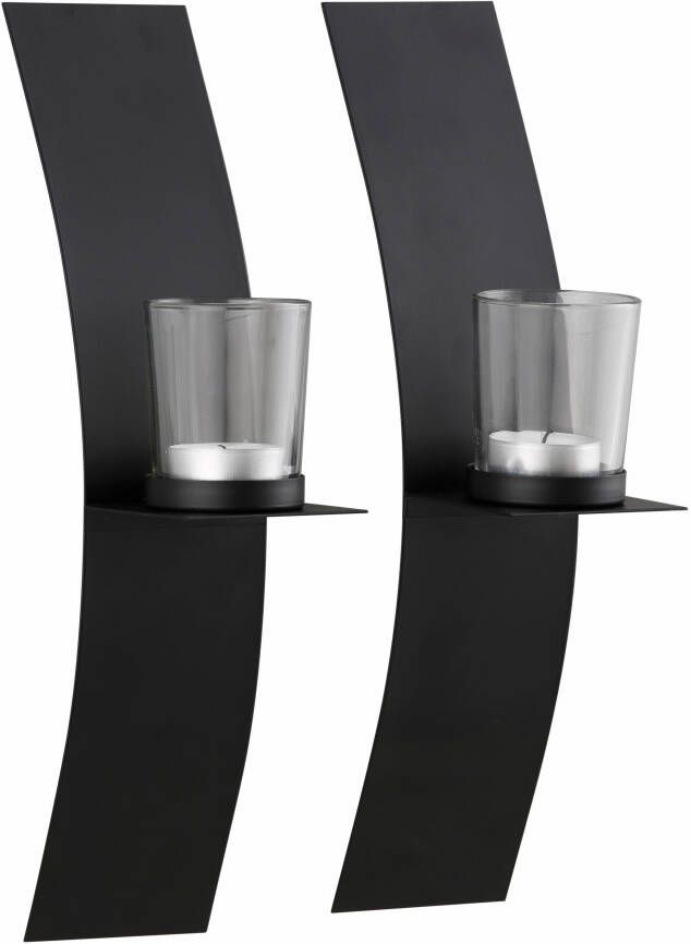 Andas Wandkaarsenhouder Drammen Landhuis metaal glas zwart (set 2 stuks)