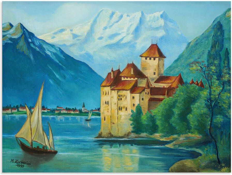 Artland Aluminium dibond print Kasteel Chillon aan het Meer van Genève geschikt voor binnen en buiten buitenafbeelding