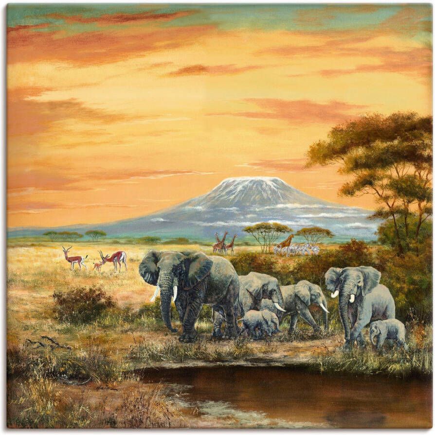 Artland Artprint Afrikaans landschap met olifanten als artprint op linnen poster in verschillende formaten maten
