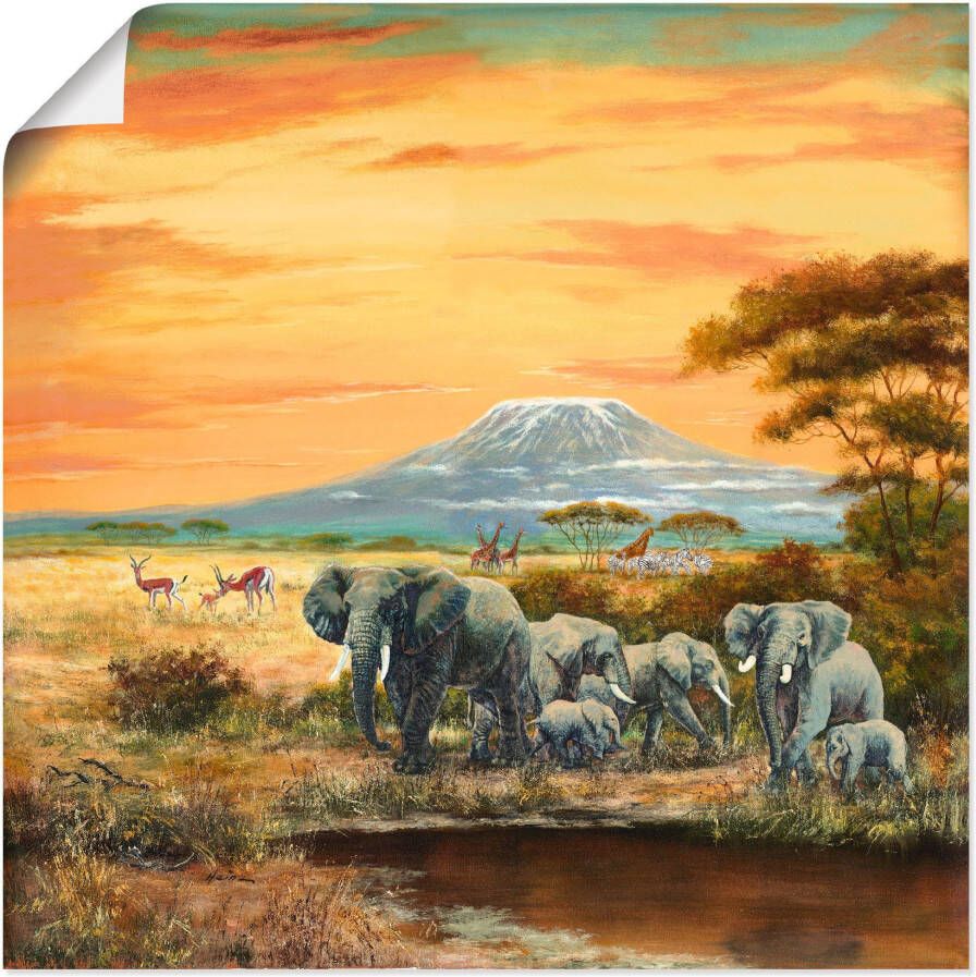 Artland Artprint Afrikaans landschap met olifanten als artprint op linnen poster in verschillende formaten maten