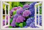 Artland Artprint Blik uit het venster hortensia's in de tuin als artprint op linnen poster in verschillende formaten maten - Thumbnail 1