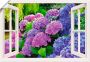 Artland Artprint Blik uit het venster hortensia's in de tuin als artprint op linnen poster in verschillende formaten maten - Thumbnail 1