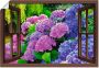 Artland Artprint Blik uit het venster hortensia's in de tuin als artprint op linnen poster in verschillende formaten maten - Thumbnail 1