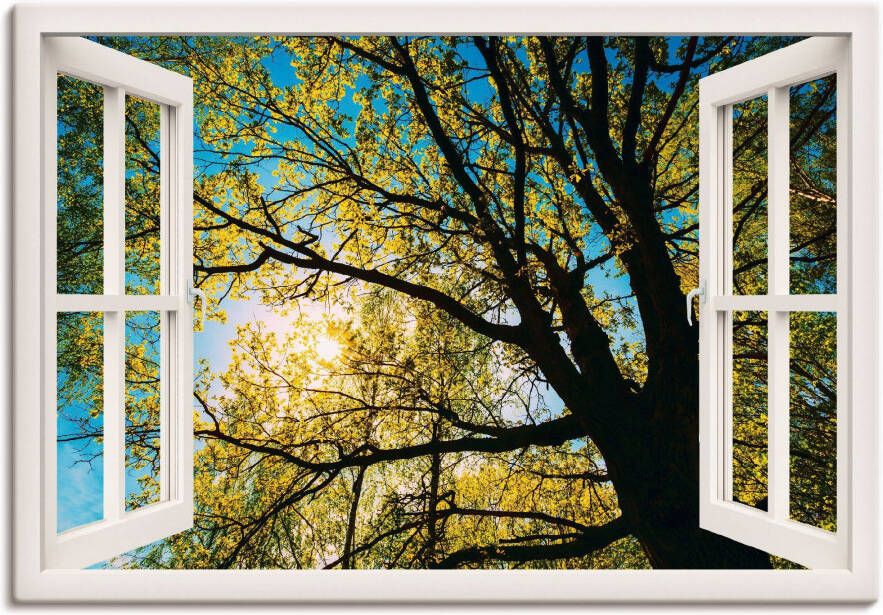 Artland Artprint Blik uit het venster lentezon boomkruin als artprint op linnen poster in verschillende formaten maten