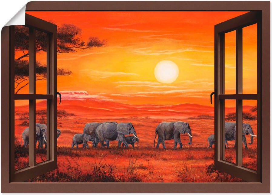 Artland Artprint Blik uit het venster olifantenkudde als artprint op linnen poster muursticker in verschillende maten