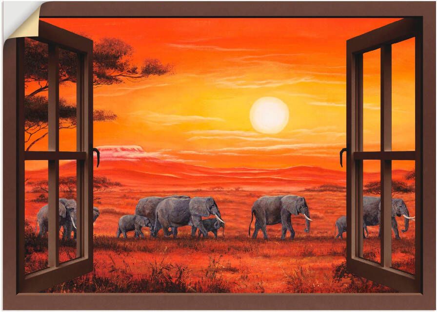 Artland Artprint Blik uit het venster olifantenkudde als artprint op linnen poster muursticker in verschillende maten