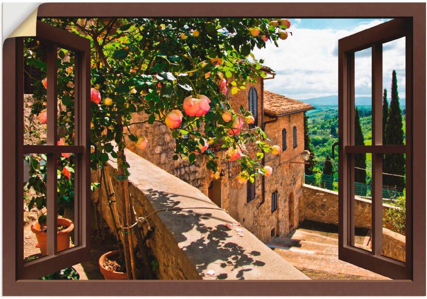 Artland Artprint Blik uit het venster rozen op balkon Toscane als artprint van aluminium artprint voor buiten artprint op linnen poster muursticker