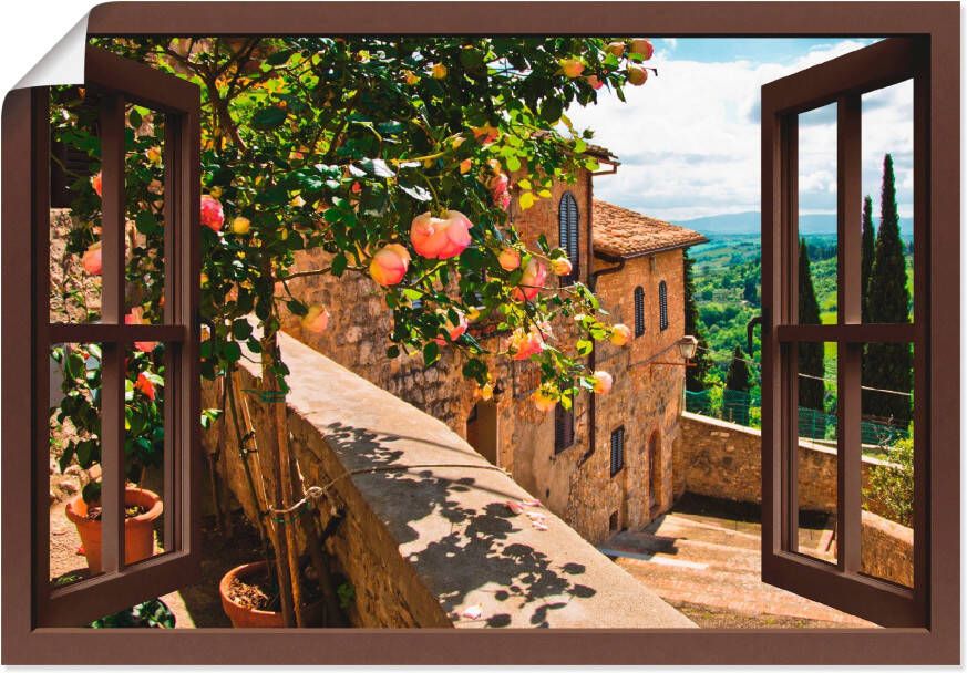 Artland Artprint Blik uit het venster rozen op balkon Toscane als artprint van aluminium artprint voor buiten artprint op linnen poster muursticker