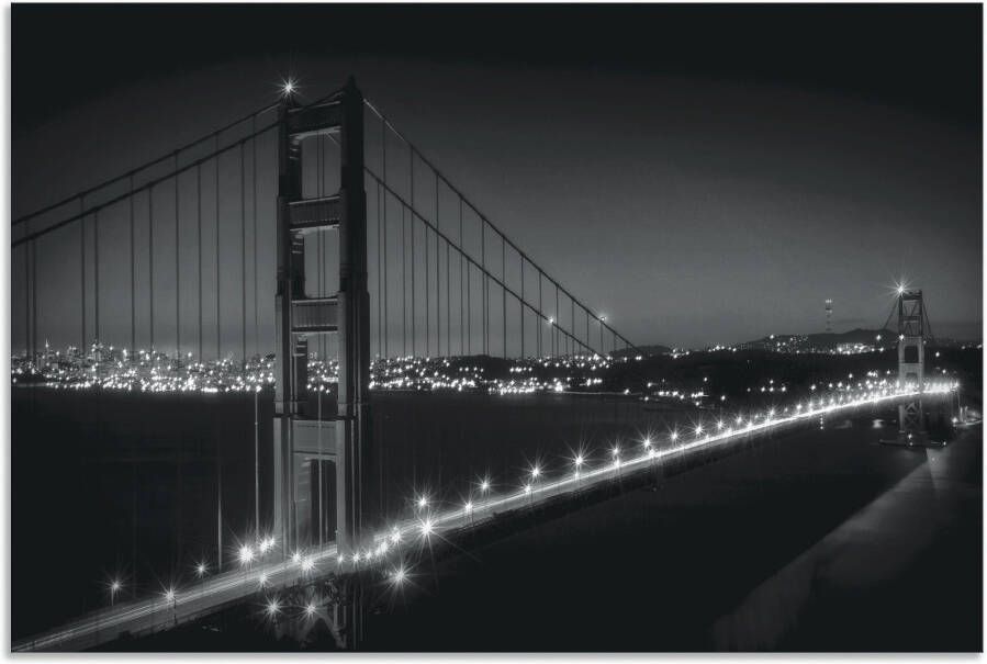 Artland Artprint Goudgeel bord met karaf Golden Gate Bridge s avonds als artprint van aluminium artprint voor buiten muursticker in diverse maten
