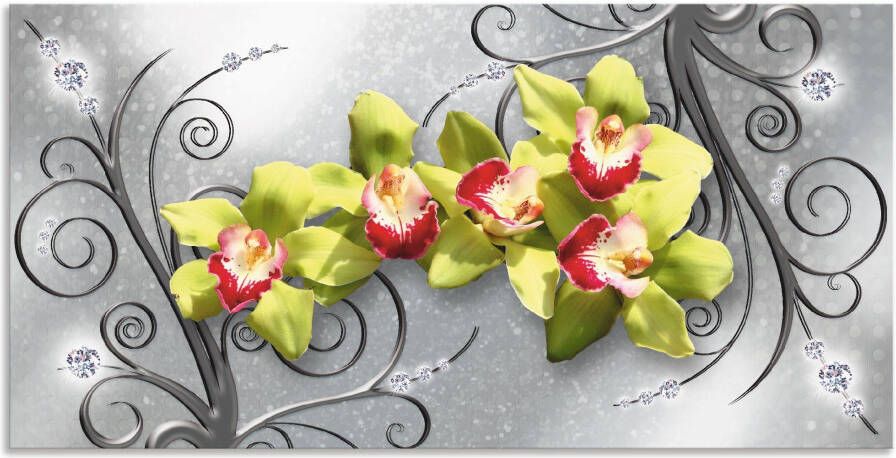 Artland Artprint Groene orchideeën op ornamenten als artprint van aluminium artprint voor buiten artprint op linnen poster muursticker