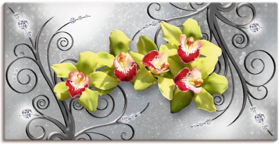 Artland Artprint Groene orchideeën op ornamenten als artprint van aluminium artprint voor buiten artprint op linnen poster muursticker