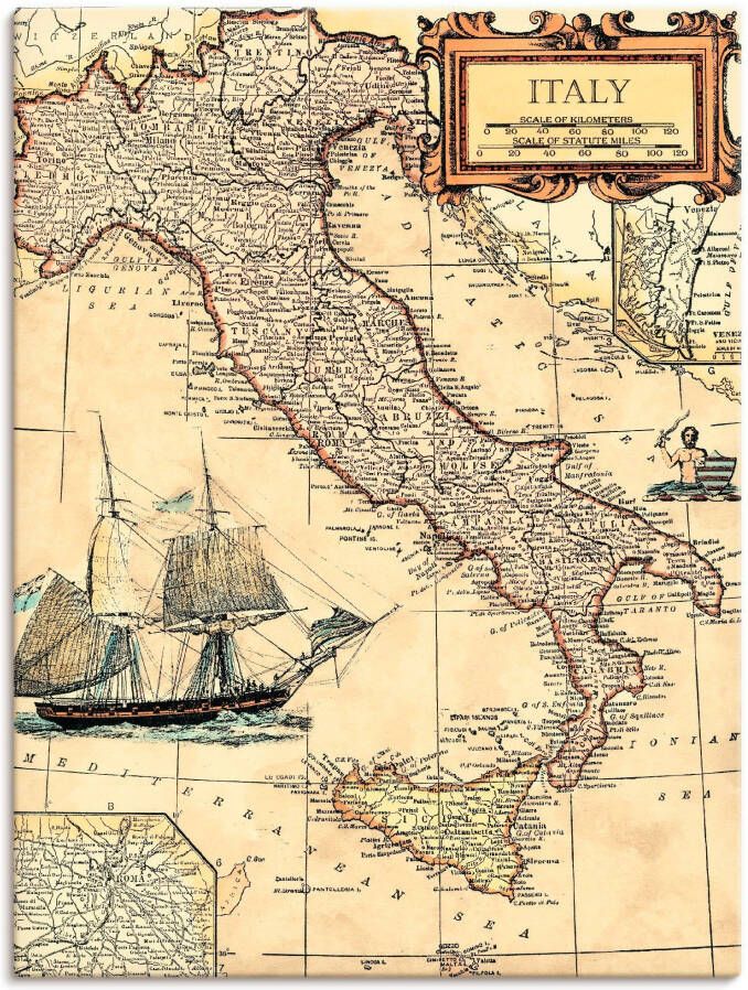 Artland Artprint Italië kaart als artprint op linnen poster in verschillende formaten maten