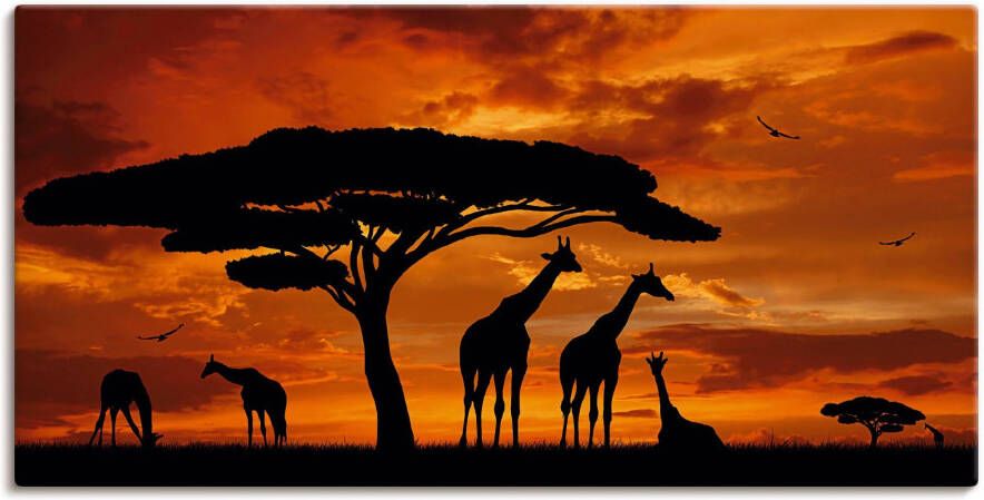 Artland Artprint Kudde giraffen bij zonsondergang als artprint op linnen poster in verschillende formaten maten