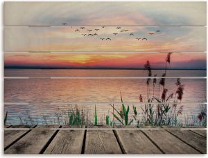 Artland Artprint op hout Het meer in de kleuren van de wolken