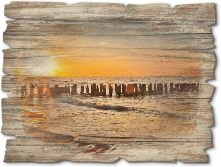 Artland Artprint op hout Mooie zonsondergang aan het strand